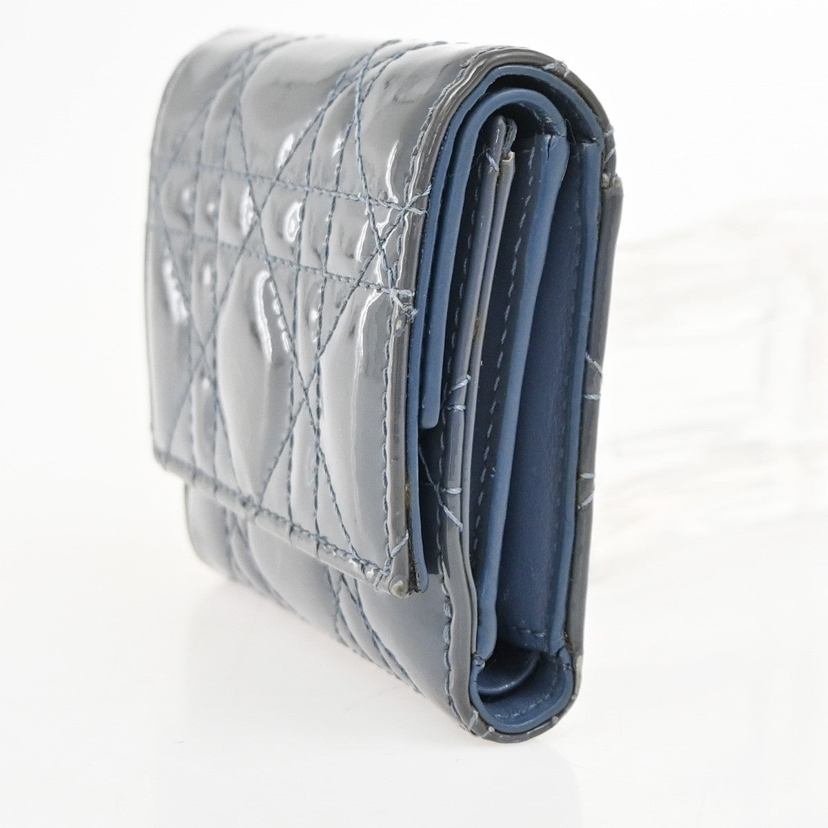 CHRISTIAN DIOR Cannage Mini Lady Dior Wallet Patent Leather Blue GHW 02KD081