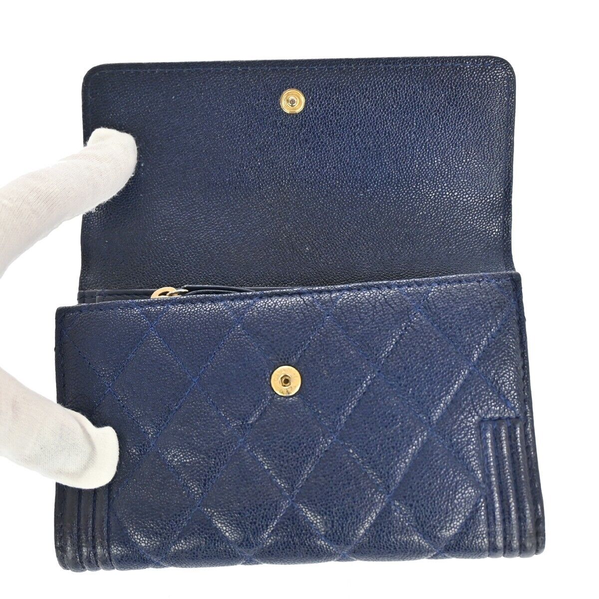 CHANEL CC Chanel boy Trifold Wallet Purse Caviar Skin Leather Navy Blue 34HB611