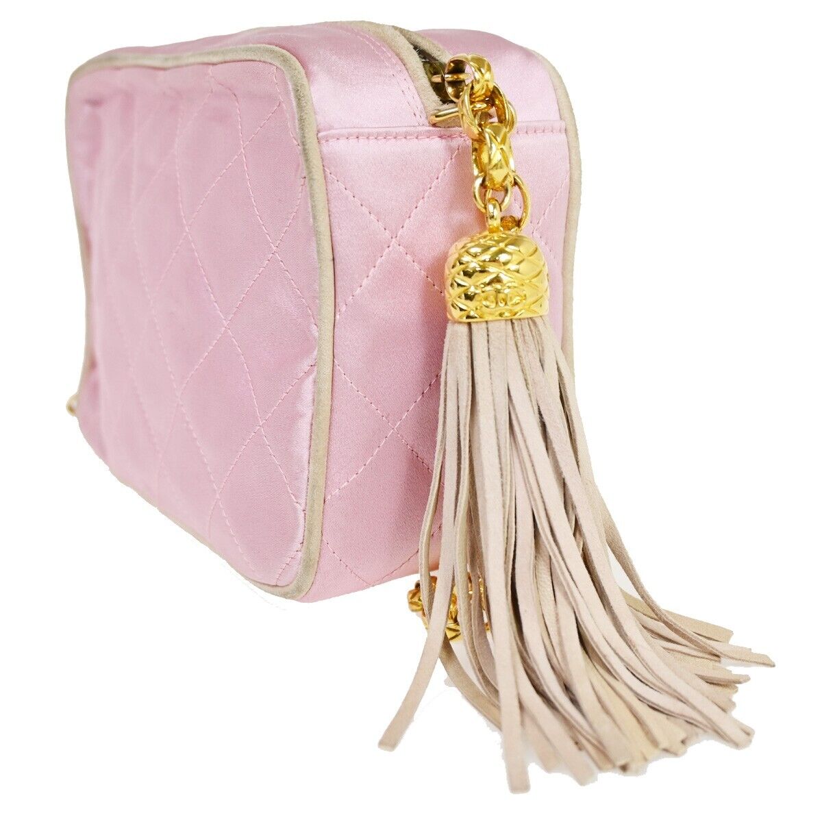 CHANEL CC Logo Mini Matelasse Tassel Chain Shoulder Bag Satin Pink GHW 696KA088