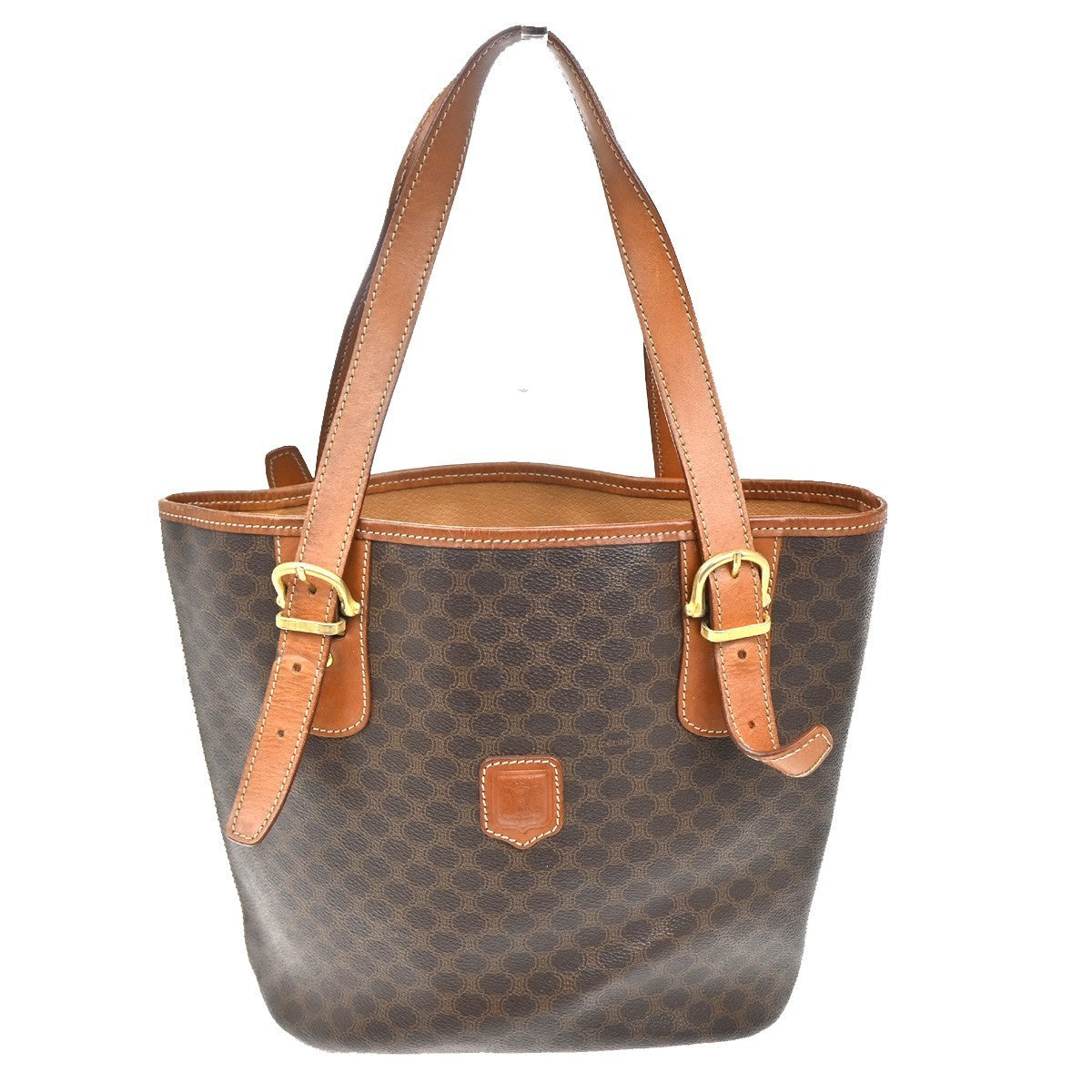 CELINE Logo Macadam Pattern Shoulder Tote Bag PVC Leather Brown GHW 33KC141