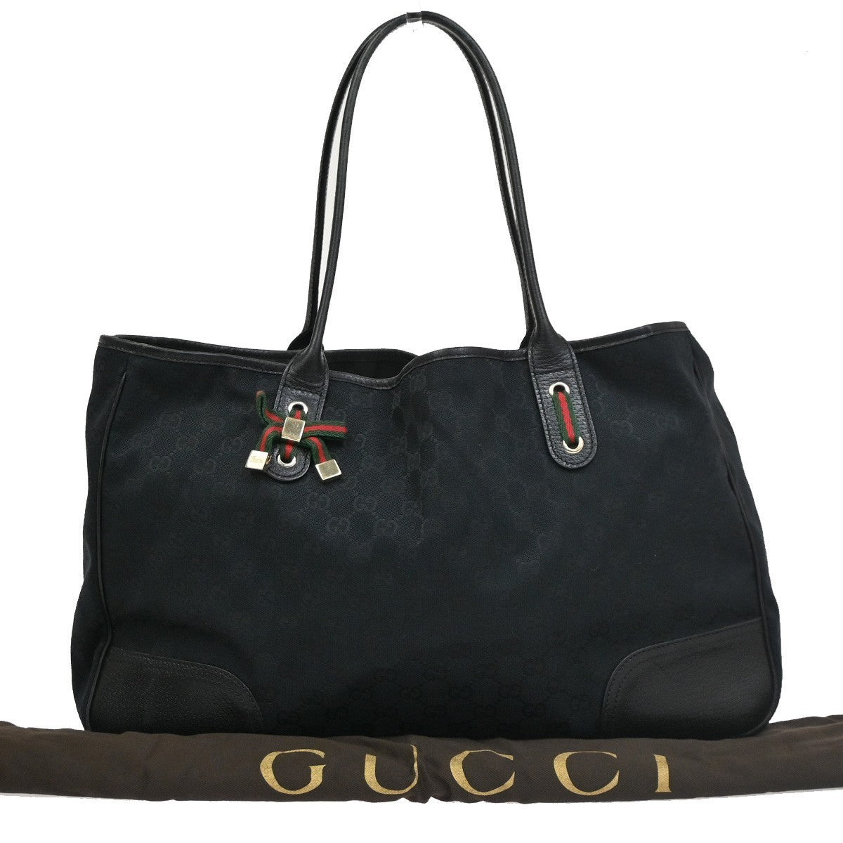 GUCCI GG Sherry Web Bow Shoulder Tote Bag Leather Canvas Black 72CB029