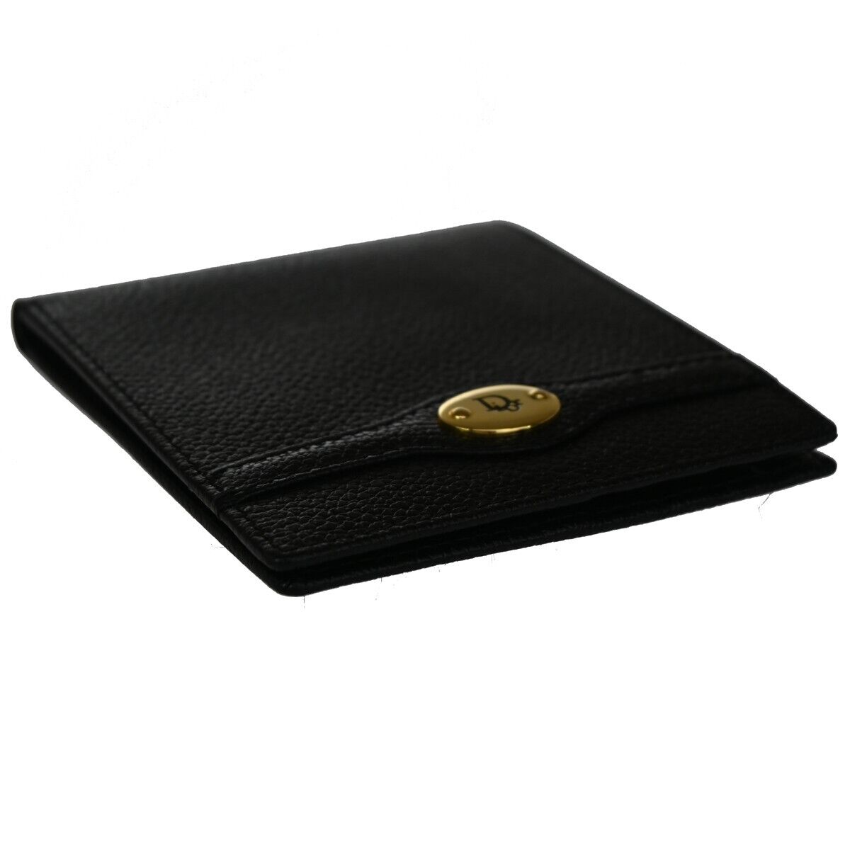 CHRISTIAN DIOR Logo Bifold Wallet Purse Leather Black Gold-Plated Spain 02EA091