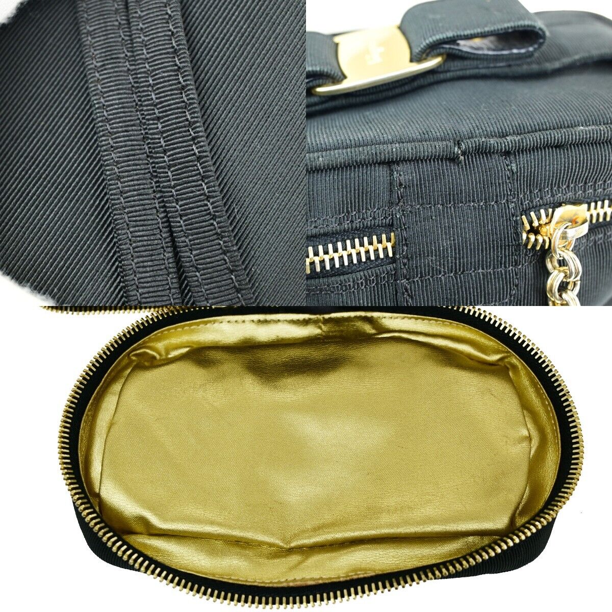 SALVATORE FERRAGAMO Vara Vanity Hand Shoulder Bag Canvas Leather Black 09KA255