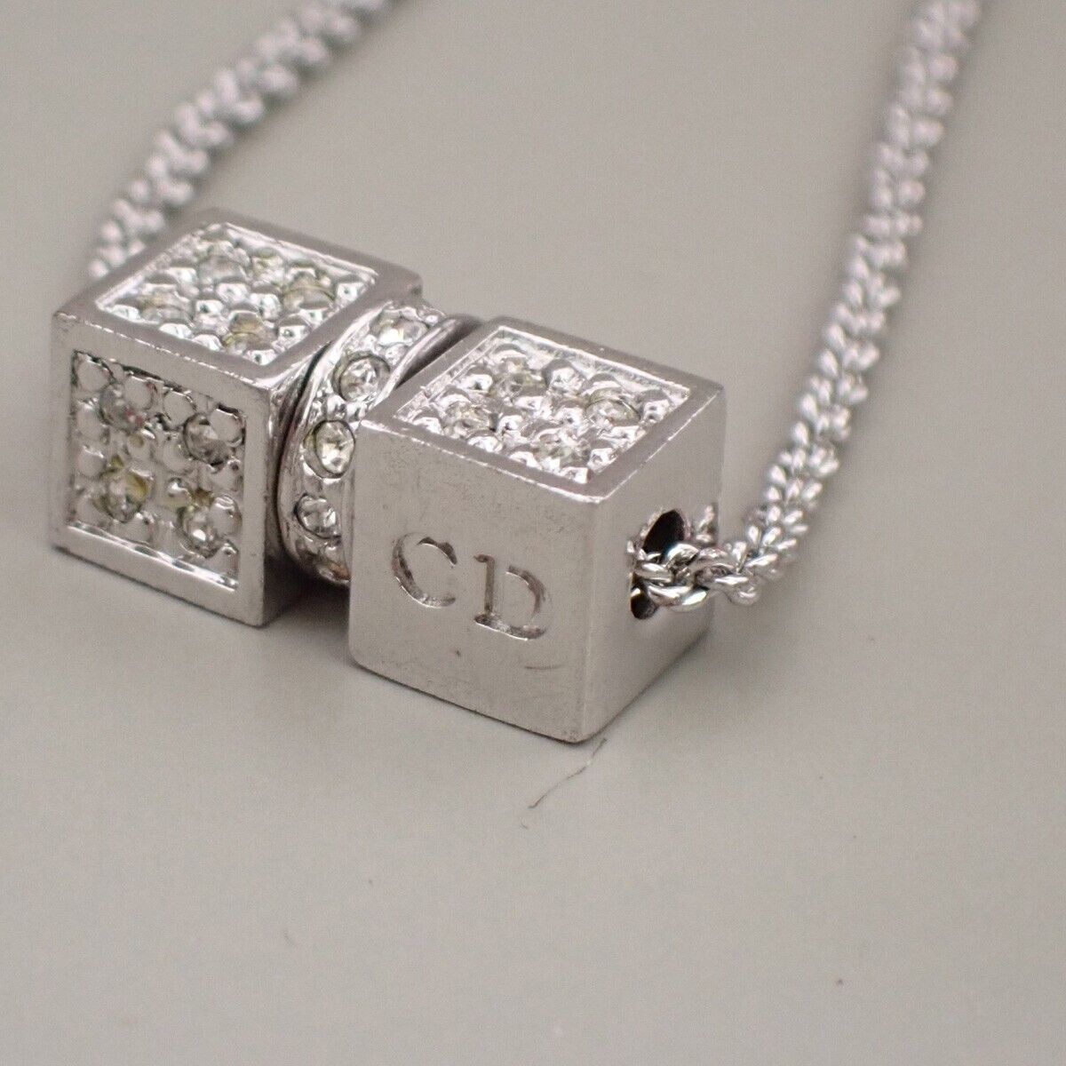 CHRISTIAN DIOR D Logo Dice Charm Necklace Rhinestone Silver Accessory 02ED439