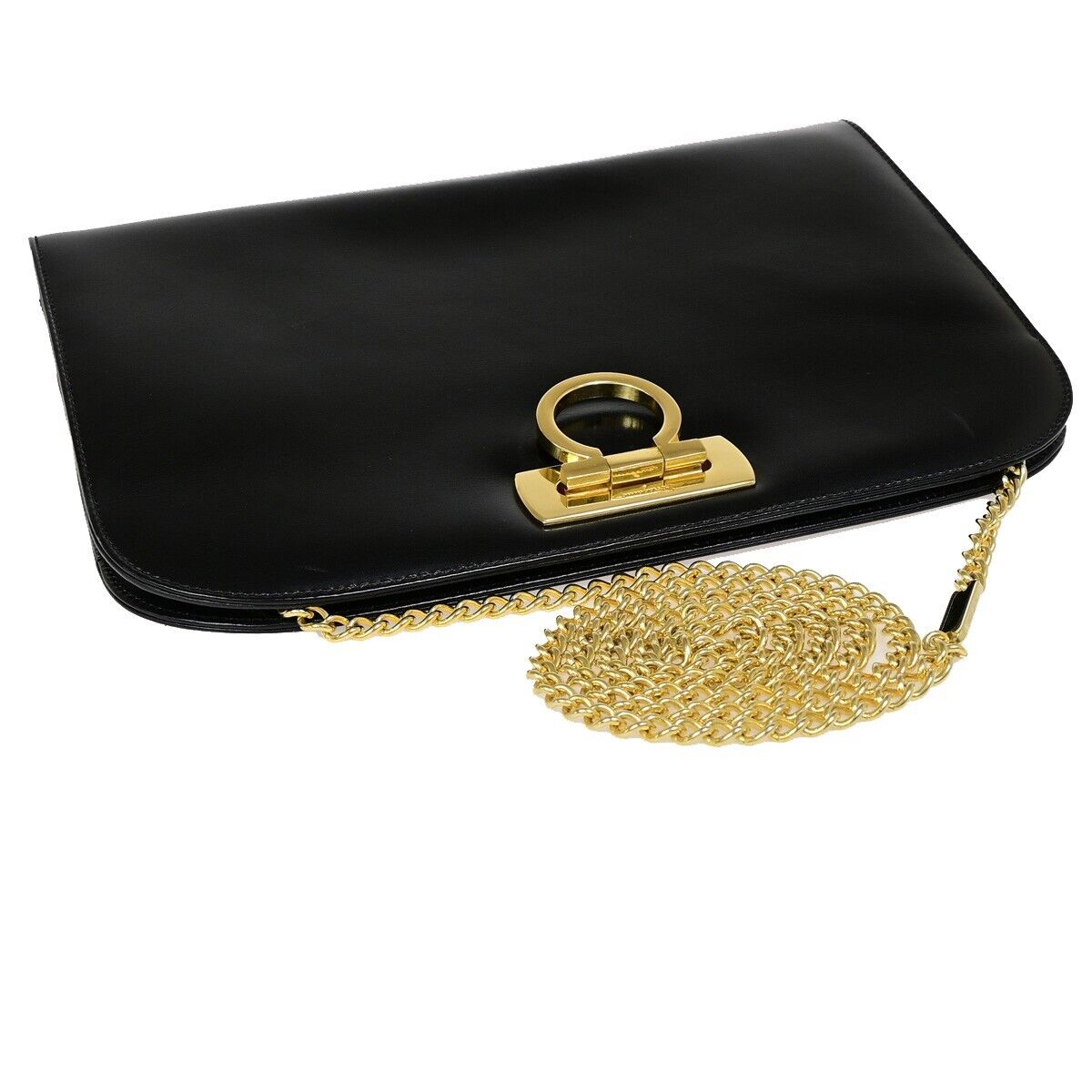 SALVATORE FERRAGAMO Gancini 2Way Chain Shoulder Clutch Bag Leather Black 36EB863