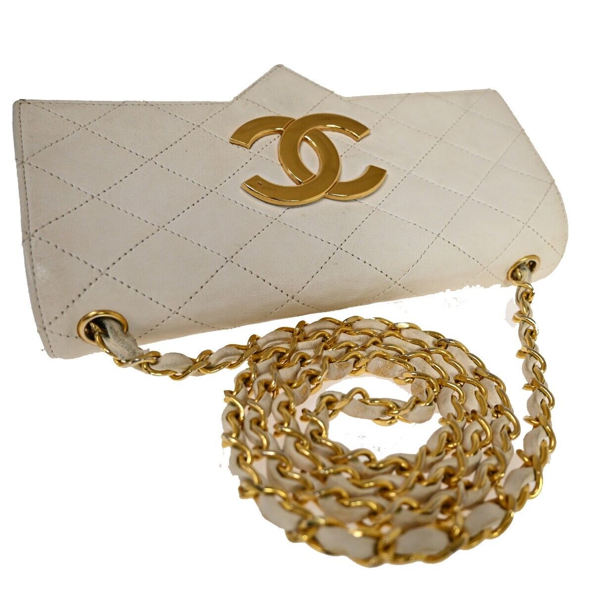 CHANEL CC Logo Matelasse Chain Shoulder Bag Leather White GHW Vintage 694RJ225