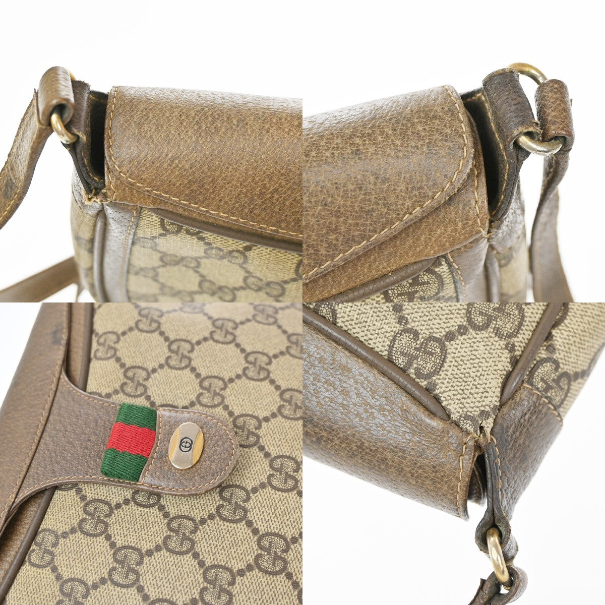 GUCCI Logo Web Sherry GG Pattern Shoulder Bag PVC Leather Brown Italy 04YJ170