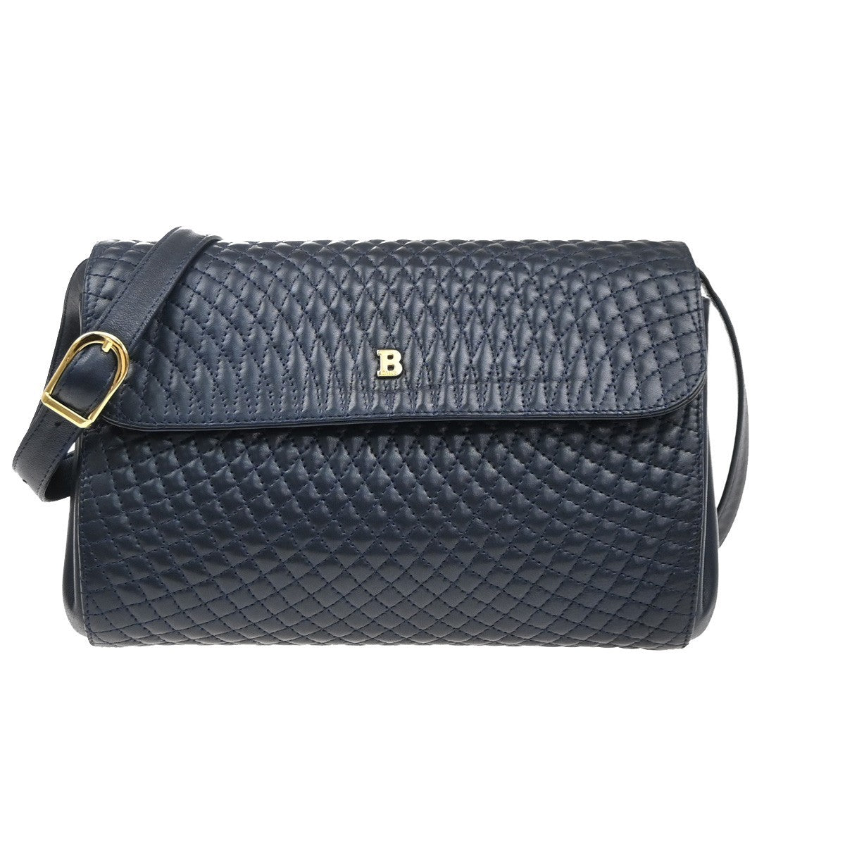BALLY Logo Flap Shoulder Bag Quilted Leather Navy Blue GHW Italy 09MA548