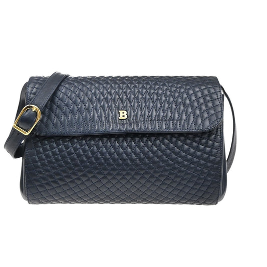 BALLY Logo Flap Shoulder Bag Quilted Leather Navy Blue GHW Italy 09MA548