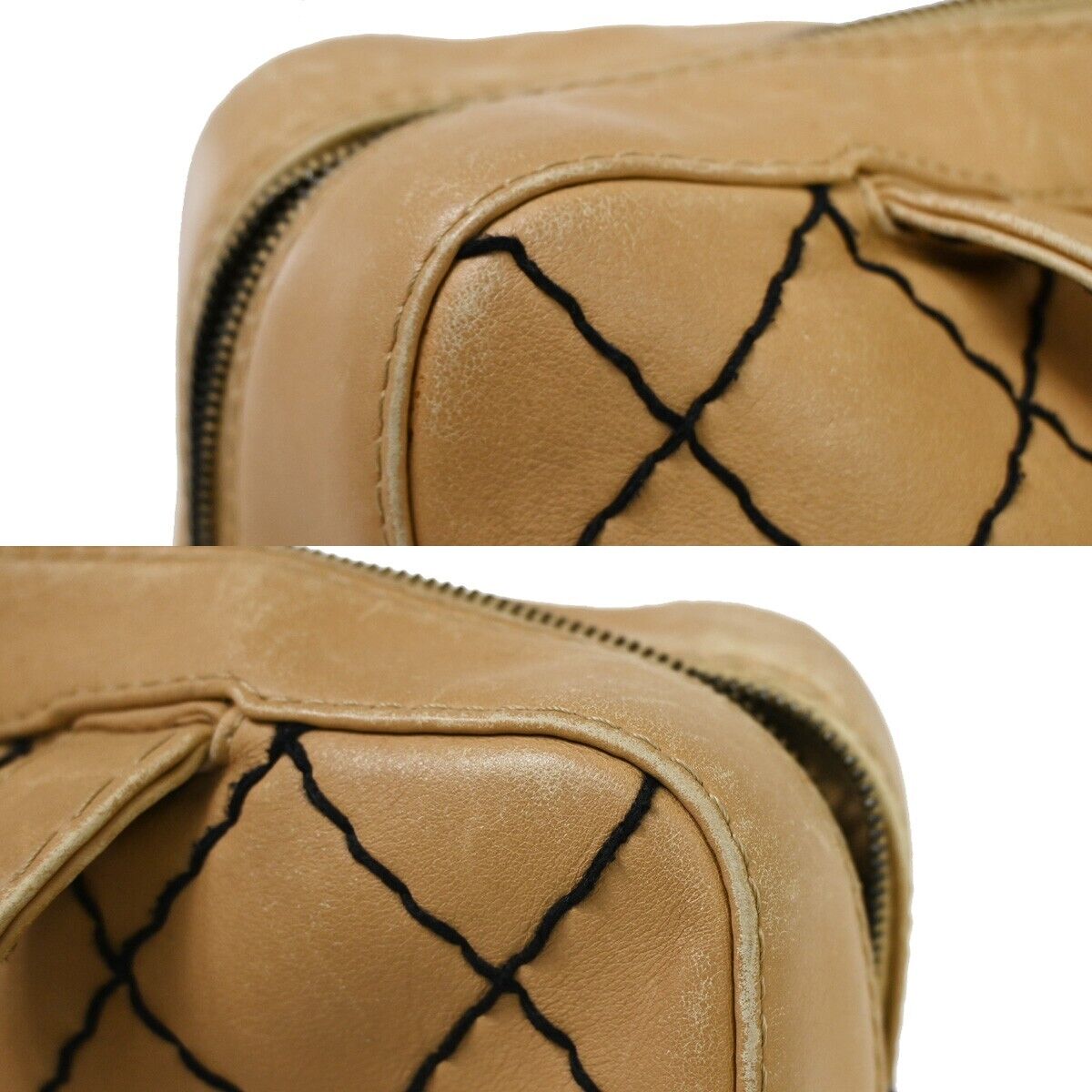 CHANEL CC Logo Wild Stitch Hand Tote Bag Leather Beige Black Italy 11SH052