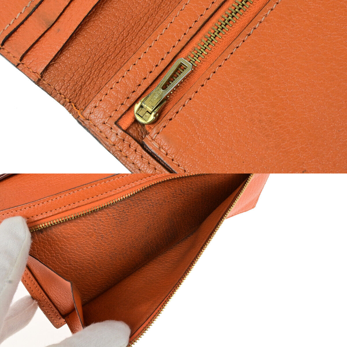 HERMES Bearn Long Bifold Wallet Chevre Mysore Goatskin Leather Orange 69YG766