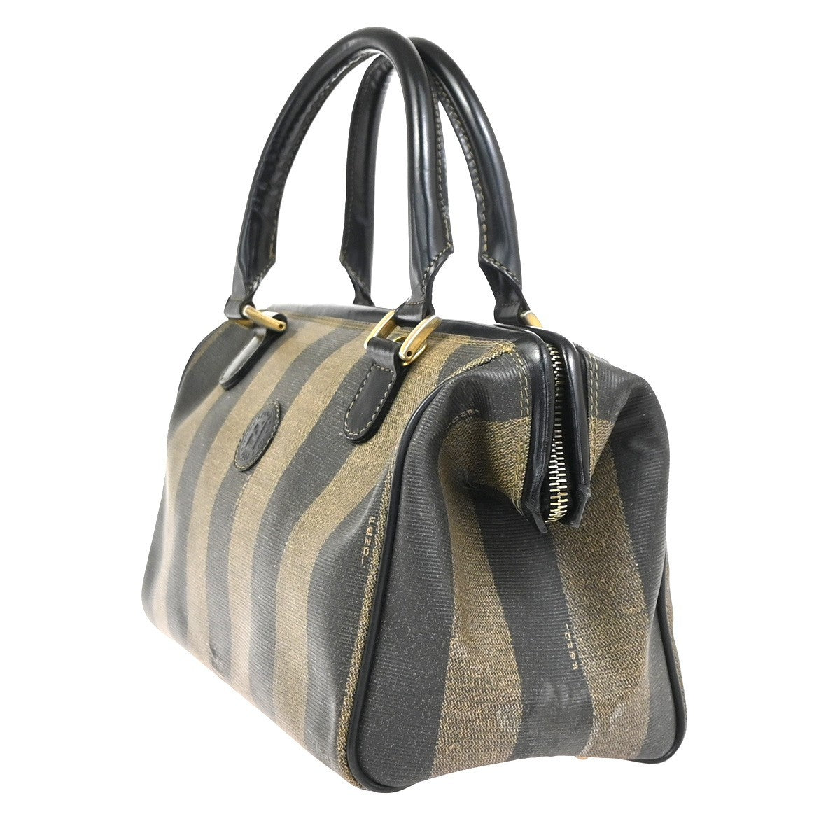 FENDI Logo Pequin Mini Boston Hand Bag PVC Leather Black Khaki GHW Italy 32YH898