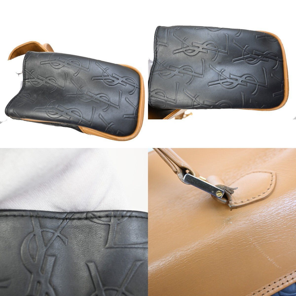 YVES SAINT LAURENT YSL Logo Hand Bag PVC Leather Black Brown Gold 03EE380