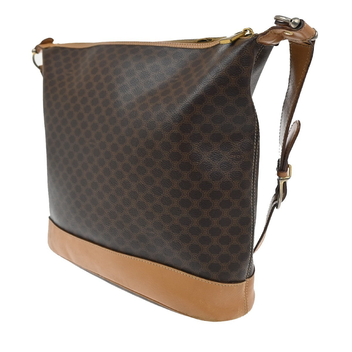 32.Live CELINE Macadam Pattern Shoulder Tote Bag PVC Leather Brown GHW 04KB843