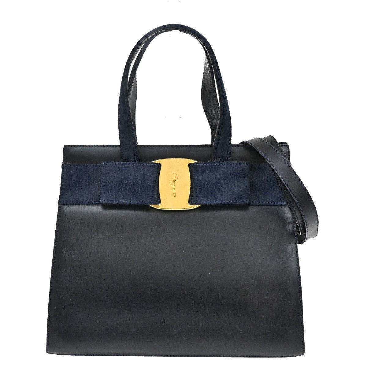 SALVATORE FERRAGAMO LOGO Vara 2Way Hand Bag Leather Canvas Navy Blue 65YH406