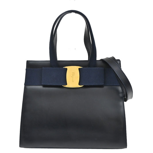 SALVATORE FERRAGAMO LOGO Vara 2Way Hand Bag Leather Canvas Navy Blue 65YH406