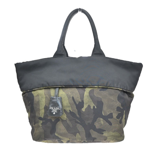 PRADA Logo Reversible Tessuto Hand Bag Nylon Leather Camouflage Black 35EF400