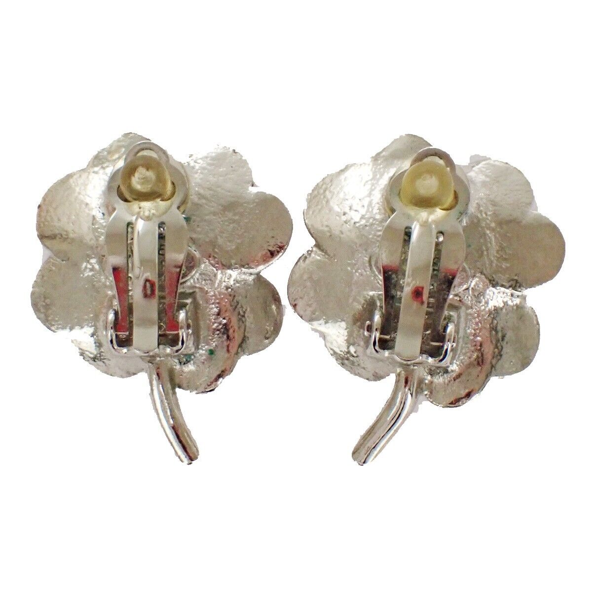 CHANEL 2 Set Earrings Brooch Rhinestone Camellia Clover 04P Clip-On SHW 16LC298