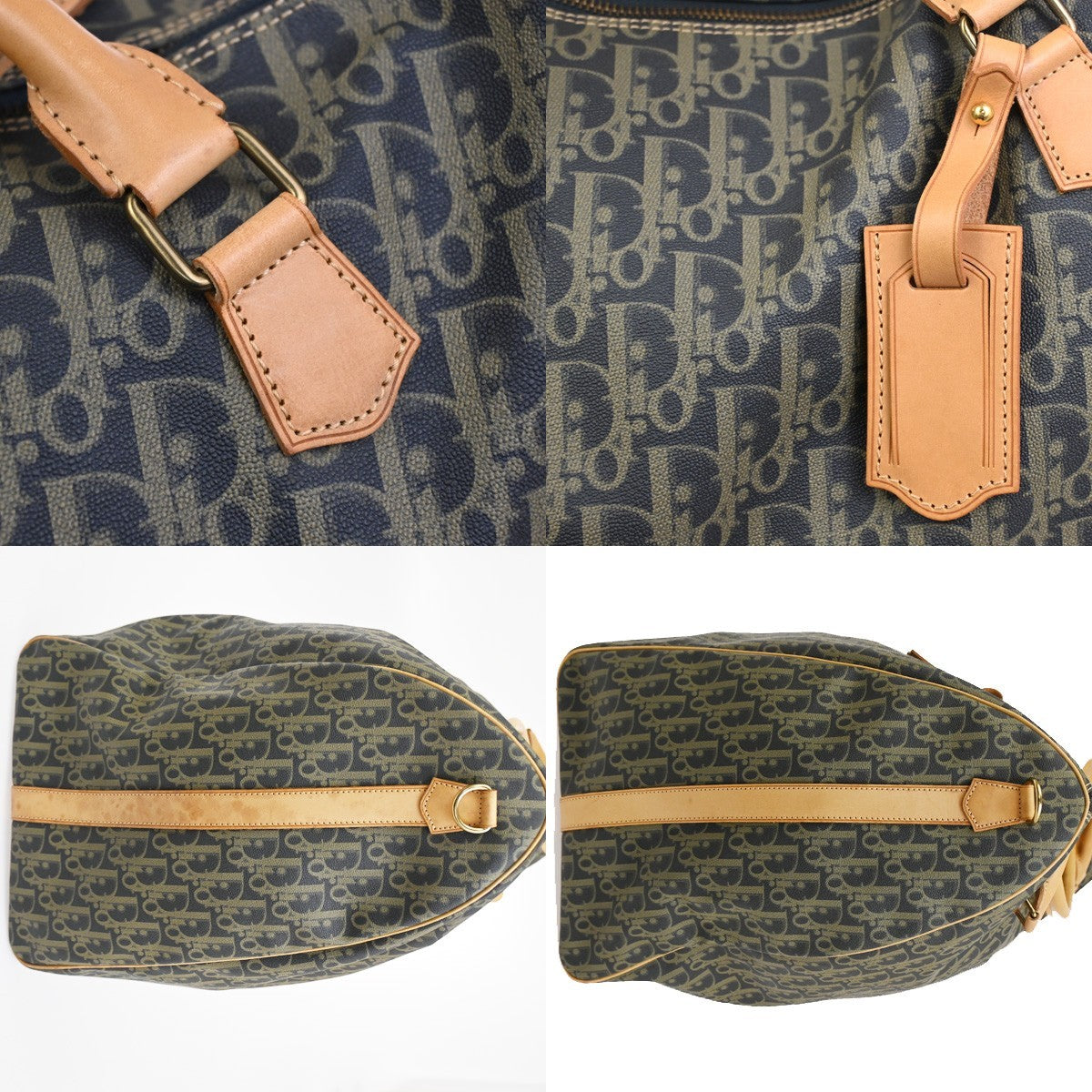 CHRISTIAN DIOR Logo Trotter Boston Hand Bag Canvas Leather Navy Blue 70TA634