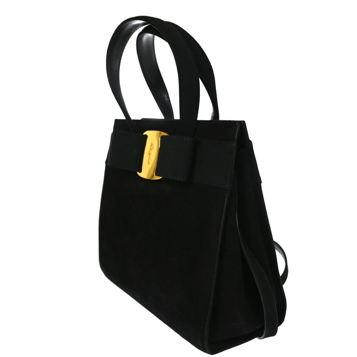 SALVATORE FERRAGAMO LOGO Vara 2Way Hand Bag Suede Leather Black Gold 64EA165