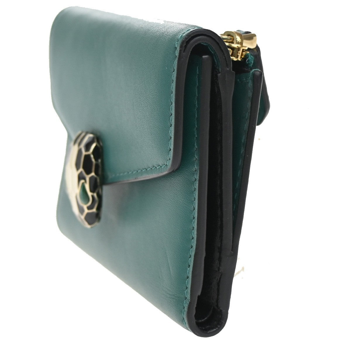 BVLGARI Serpenti Forever Trifold Wallet Leather Green Black snake Italy 39RL447