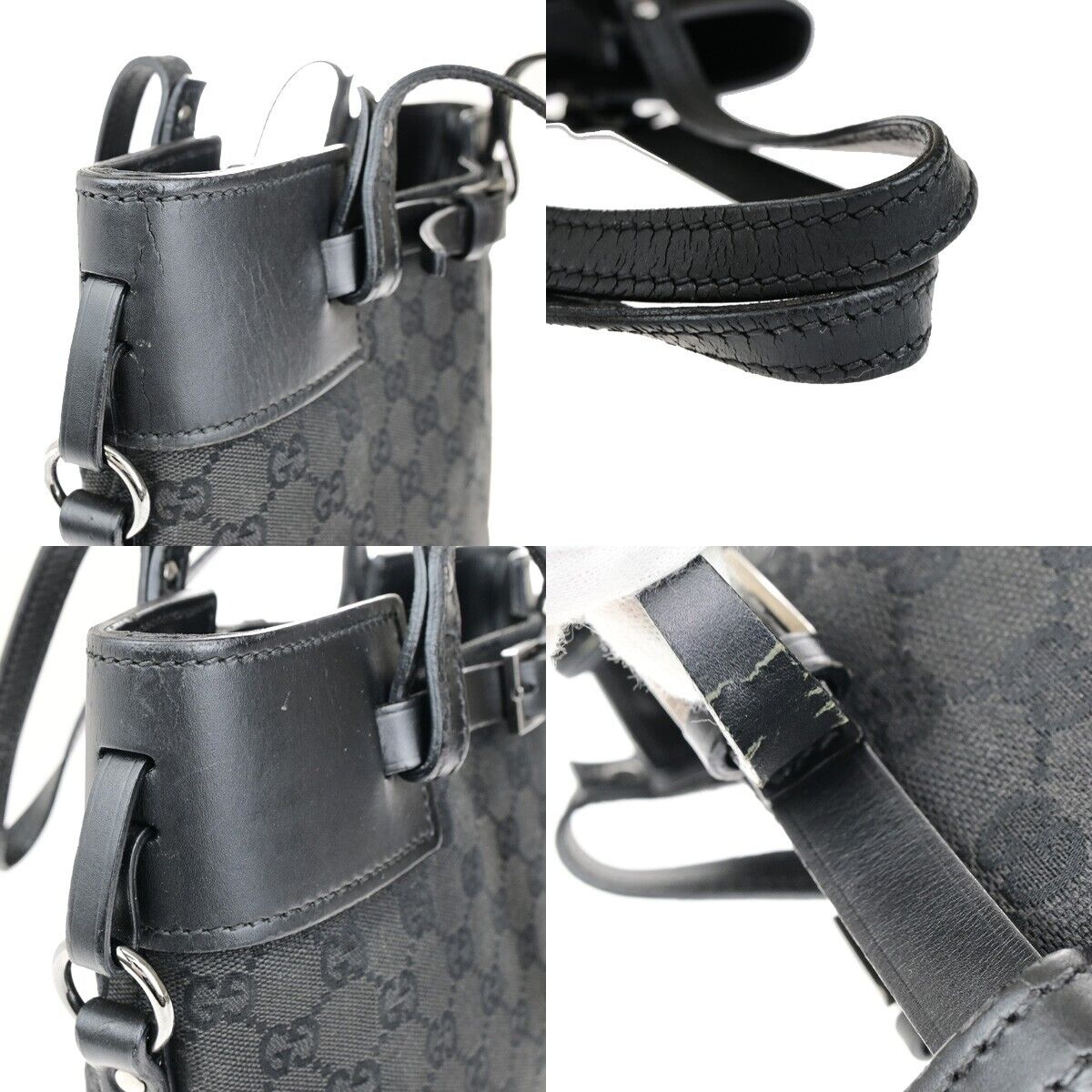 GUCCI Logo GG Pattern Shoulder Bag Canvas Leather Black Silver Italy 02EC919