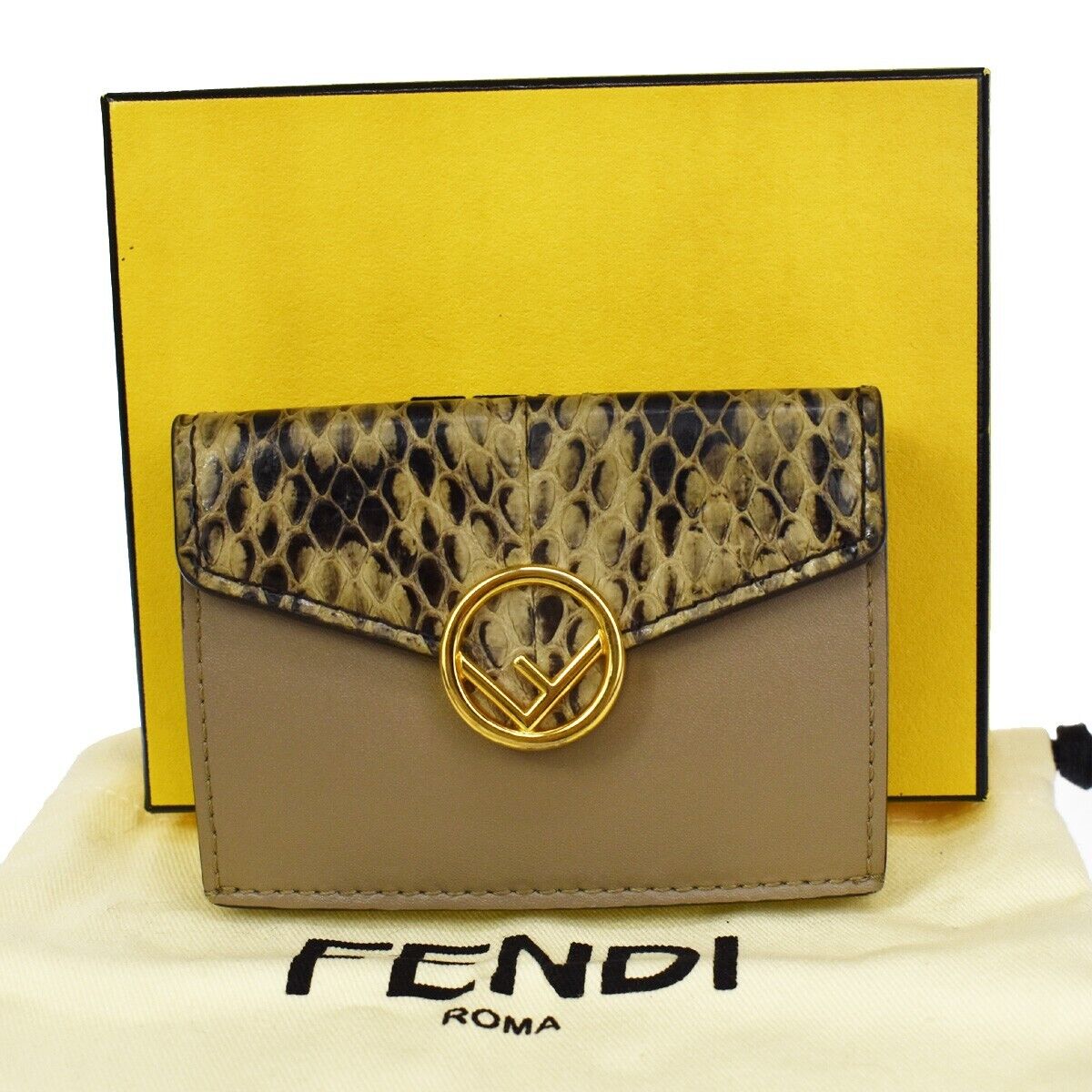 FENDI Logo F IS FENDI Compact Trifold Wallet Exotic Leather Brown Gold 64GA654