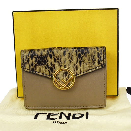 FENDI Logo F IS FENDI Compact Trifold Wallet Exotic Leather Brown Gold 64GA654