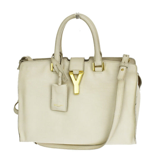 SAINT LAURENT Y Logo Cabas 2 Way Shoulder Hand Bag Leather Ivory Gold 73FA187