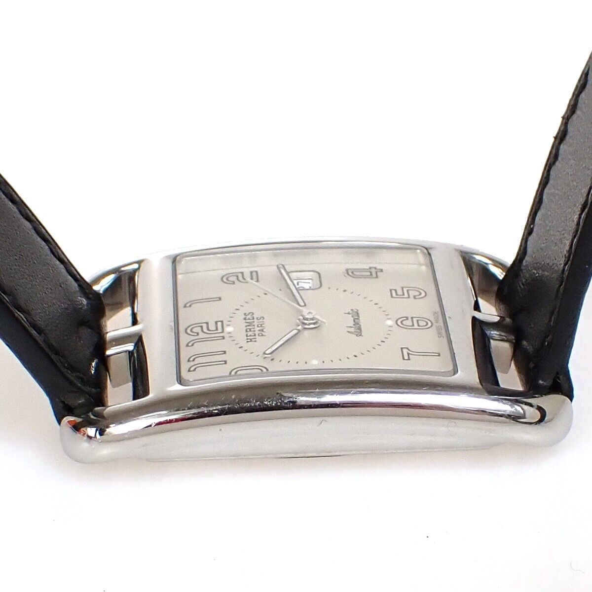 HERMES Logo Cape Cod Double Tour Wristwatch Leather ▢D Black Silver 660LC513