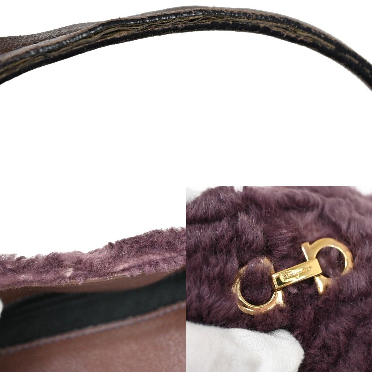 SALVATORE FERRAGAMO Logo Gancini Hand Bag Fur Leather Purple GHW Italy 09YD551