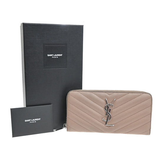SAINT LAURENT YSL Logo Zipper Aroung Long Wallet Leather Brown SHW 64EF031