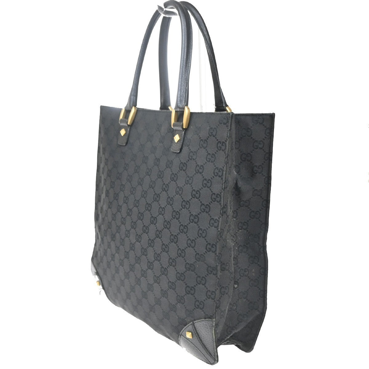 Gucci GG  Pattern Nailhead Tote Hand Bag Black Canvas Leather Italy 31SA080