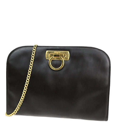 SALVATORE FERRAGAMO Gancini 2Way Chain Shoulder Clutch Bag Leather Brown 69YG017