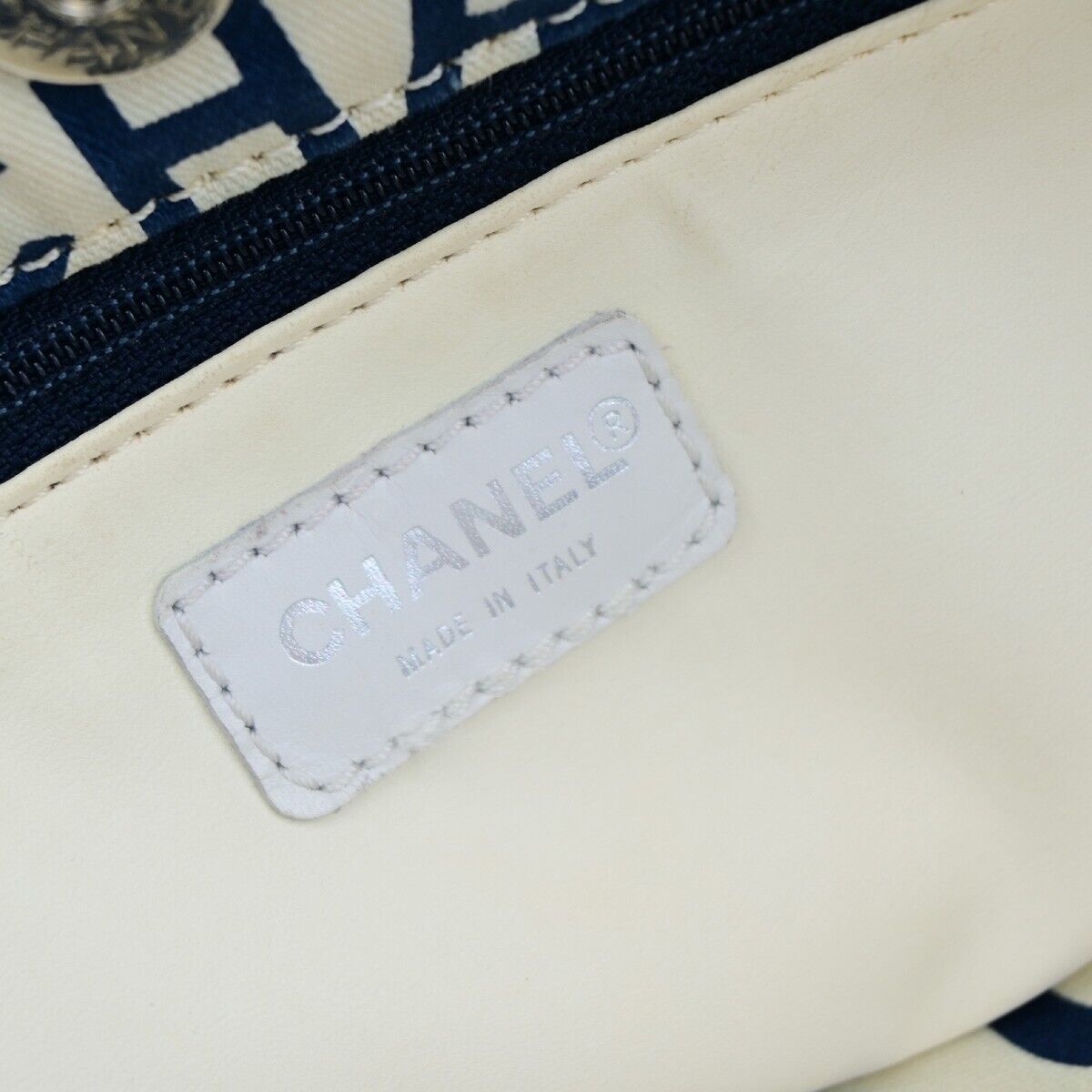 CHANEL Logo By Sea Shoulder Tote Bag Canvas Leather White Blue Italy 85EC913