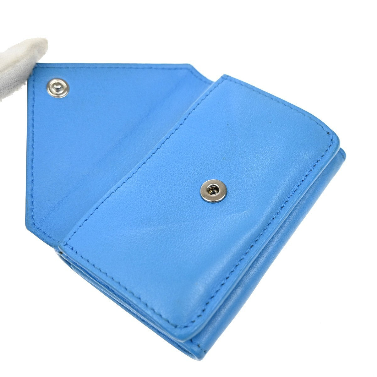 BALENCIAGA Logo Paper Mini Trifold Wallet Purse Leather Blue SHW Italy 68KB334