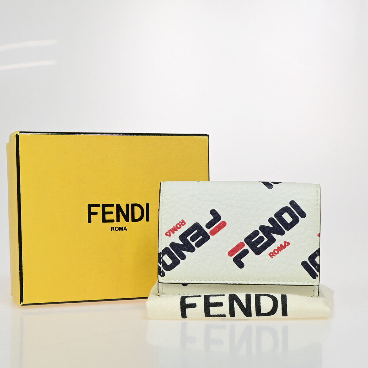 FENDI ✕ FILA Trifold Compact Wallet Leather White Blue Red Italy 33EB562