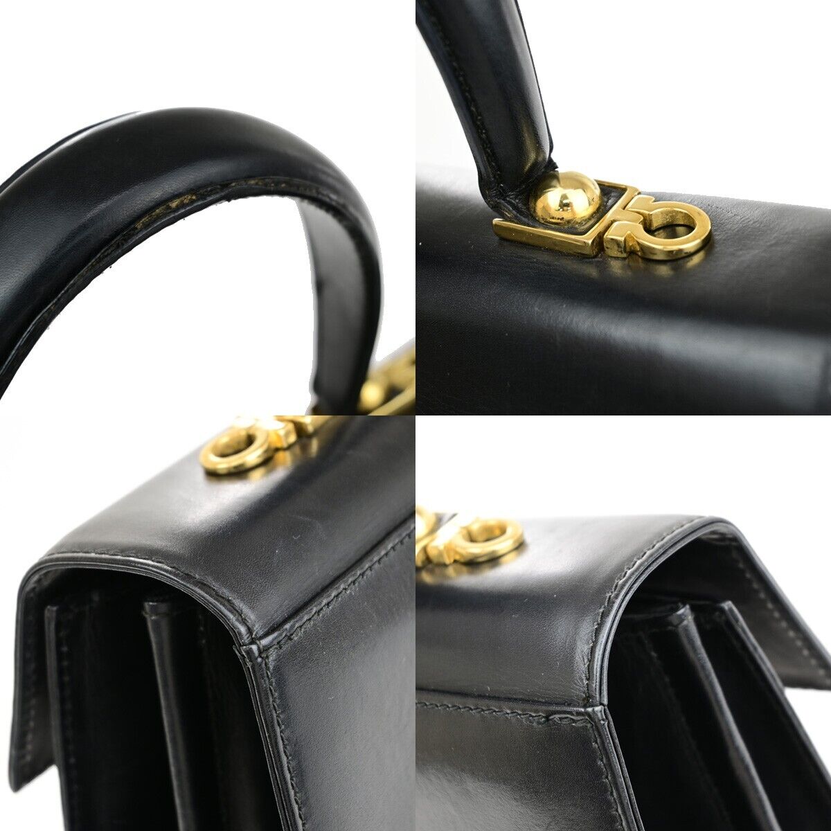 SALVATORE FERRAGAMO Logo Gancini Hand Bag Leather Black GHW Italy 36EC236