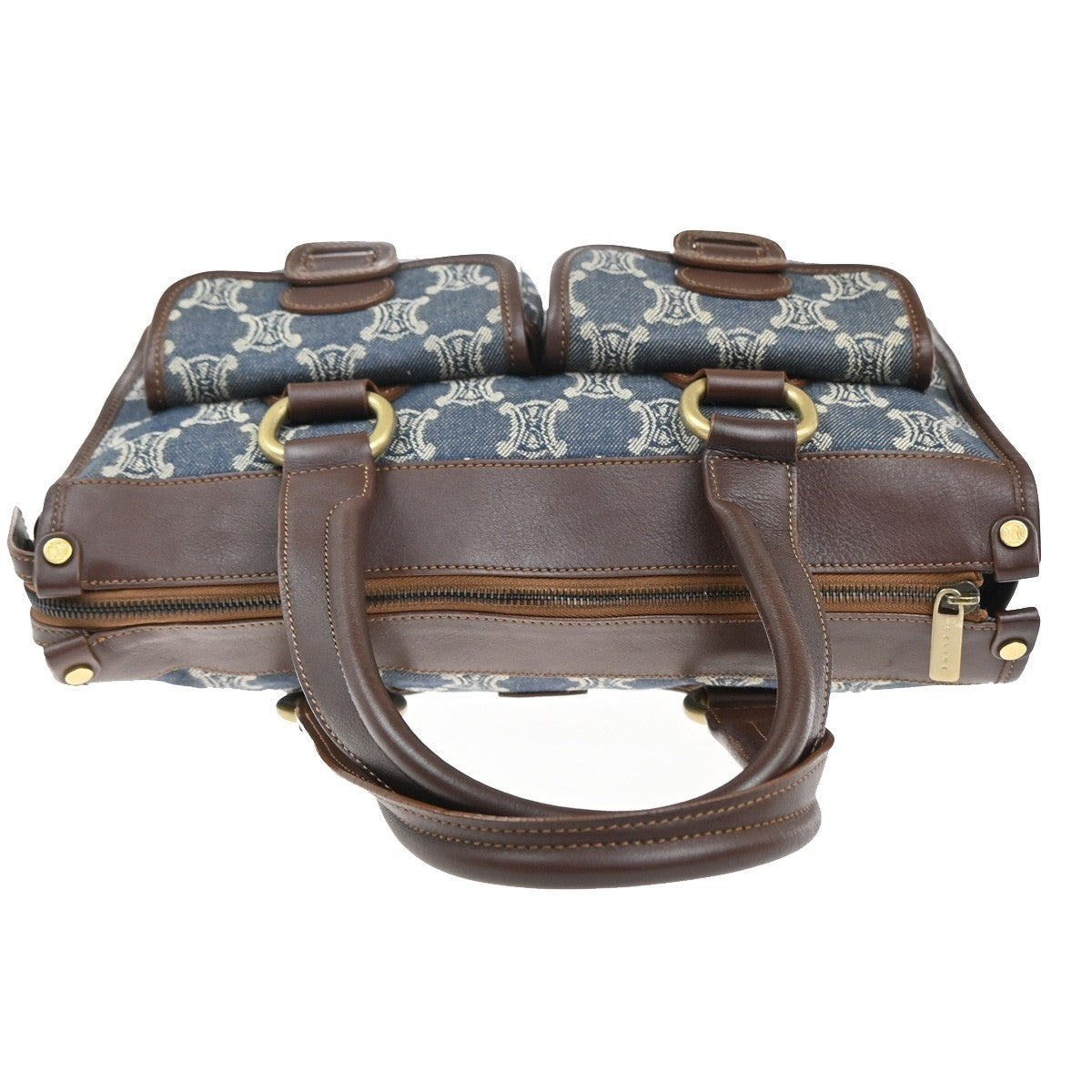 CELINE Logo Macadam Pattern Shoulder Bag Denim Leather Blue Brown GHW 83KP551