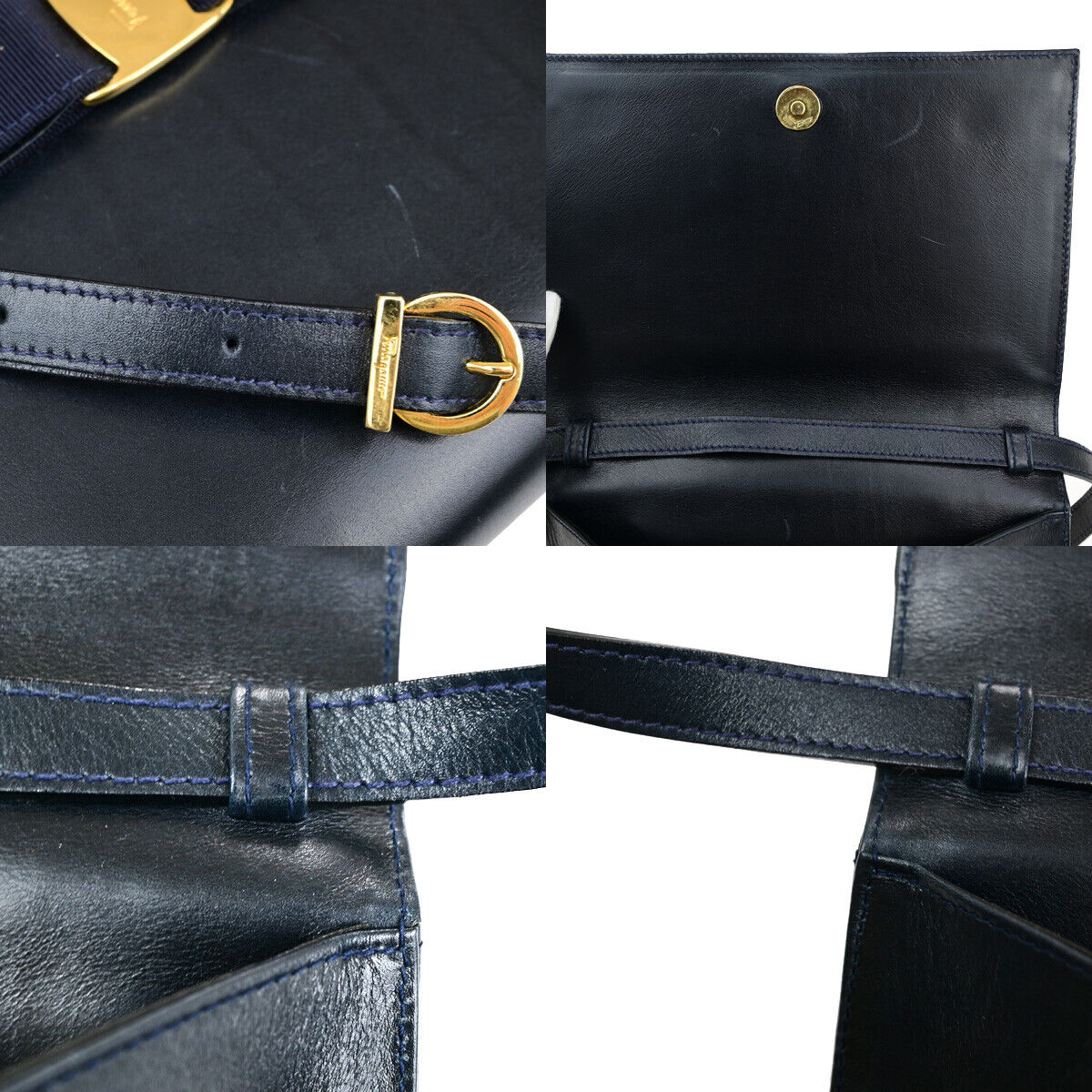 SALVATORE FERRAGAMO Logo Vara Shoulder Bag Leather Navy Blue GHW Italy 68YG010