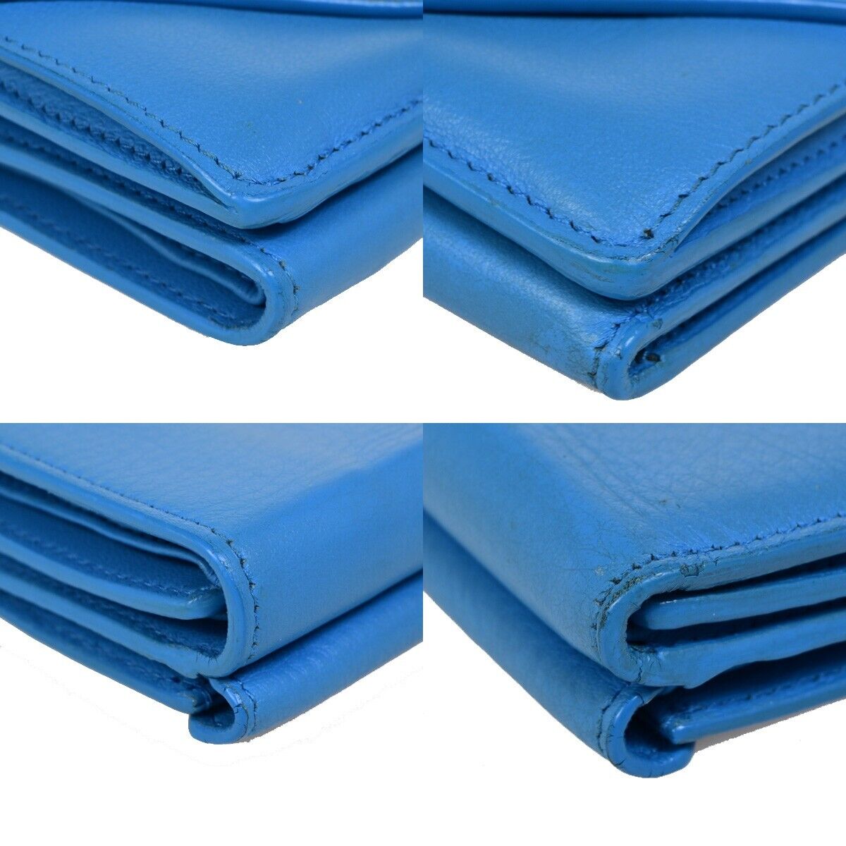 BALENCIAGA Logo Paper Mini Trifold Wallet Purse Leather Blue SHW Italy 68EB974