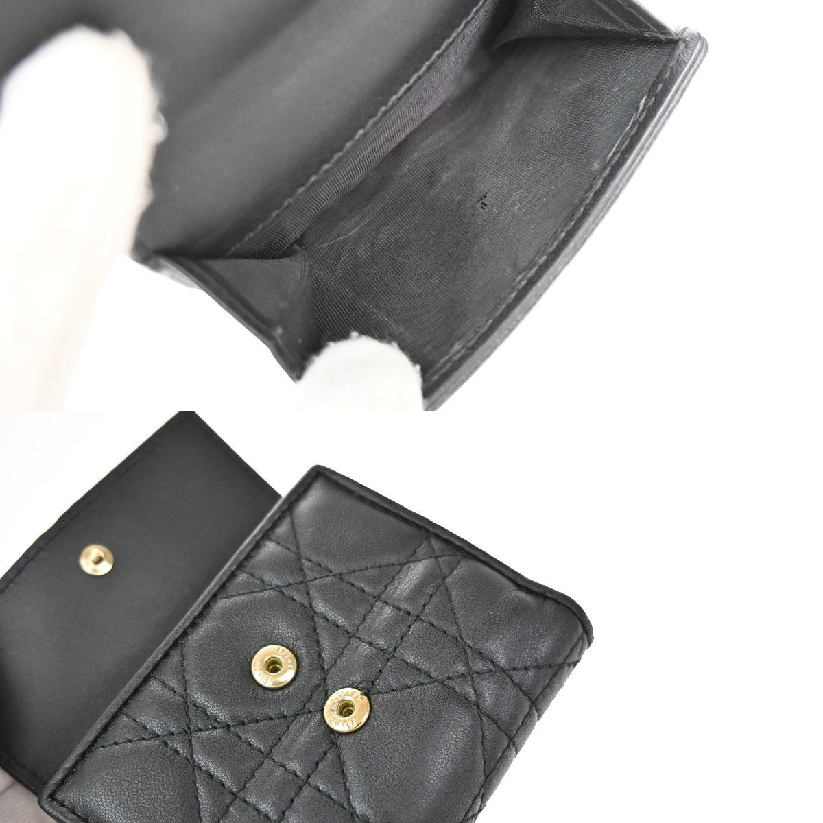 CHRISTIAN DIOR Cannage Charm Trifold Compact Wallet Leather Black GHW 65KB466