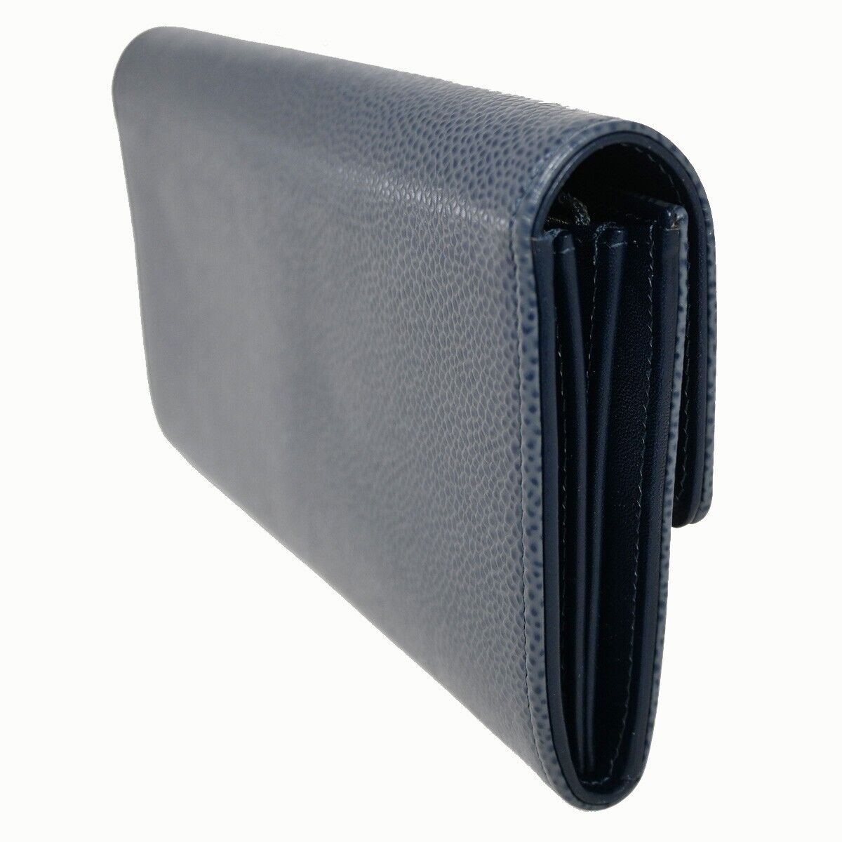 CHANEL CC Logo Long Wallet Purse Caviar Skin Leather Blue SHW 72RF120