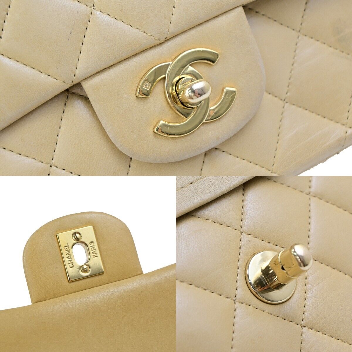 CHANEL CC Matelasse 25 Double Flap Chain Shoulder Bag Leather Beige GHW 310RK685