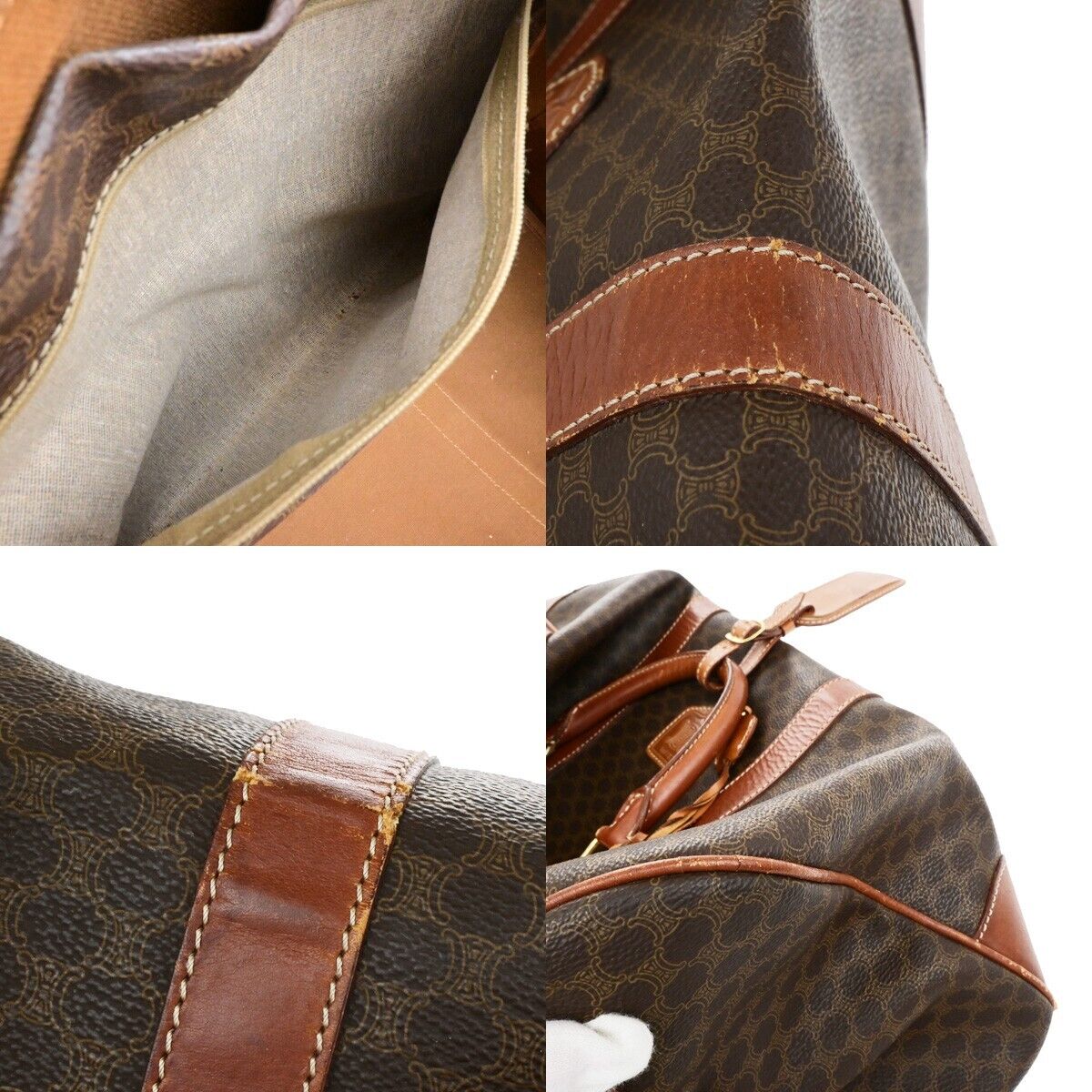 CELINE Macadam Pattern Travel Hand Bag PVC Leather Brown Gold Italy 64ED951