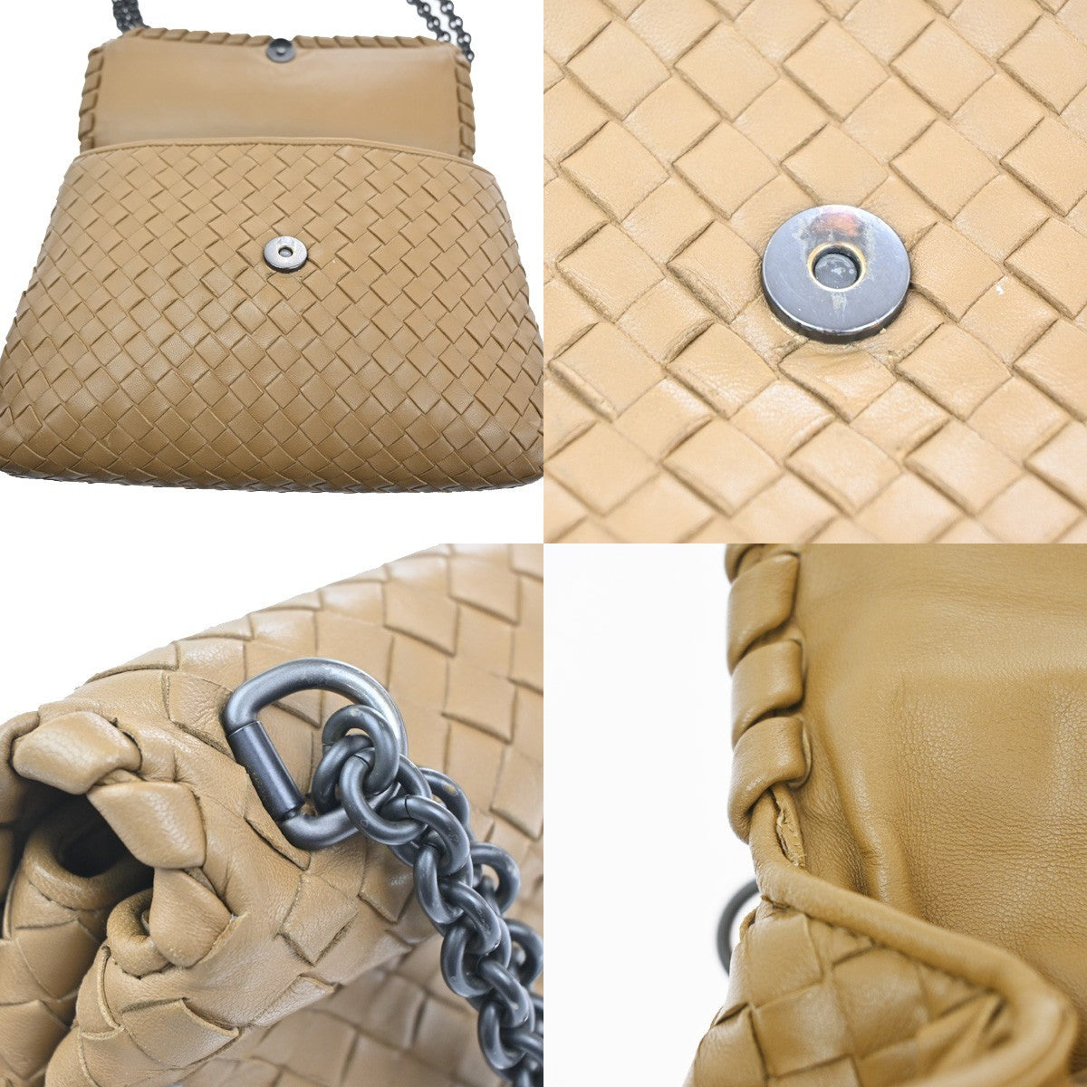 BOTTEGA VENETA Logo Intrecciato Chain Shoulder Bag Leather Beige Italy 26RL853