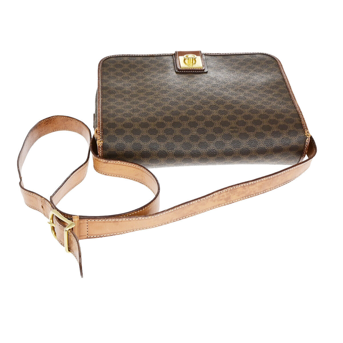 CELINE Logo Macadam Pattern Shoulder Bag PVC Leather Brown GHW Italy 05YF255