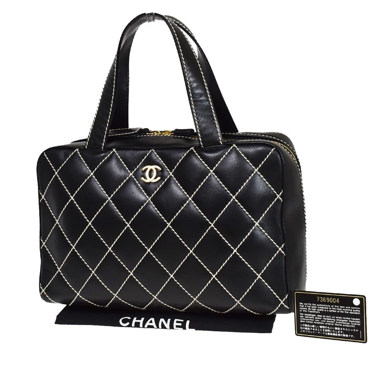 CHANEL CC Logo Wild Stitch Hand Tote Bag Leather Black GHW Italy 673RC754