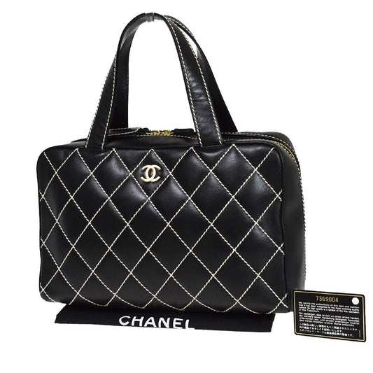 CHANEL CC Logo Wild Stitch Hand Tote Bag Leather Black GHW Italy 673RC754