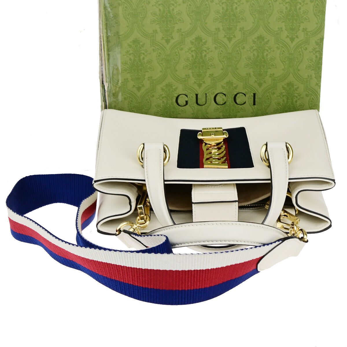 GUCCI Logo Sylvie Sherry 2 Way Shoulder Hand Bag Leather White GHW Italy 21YG624